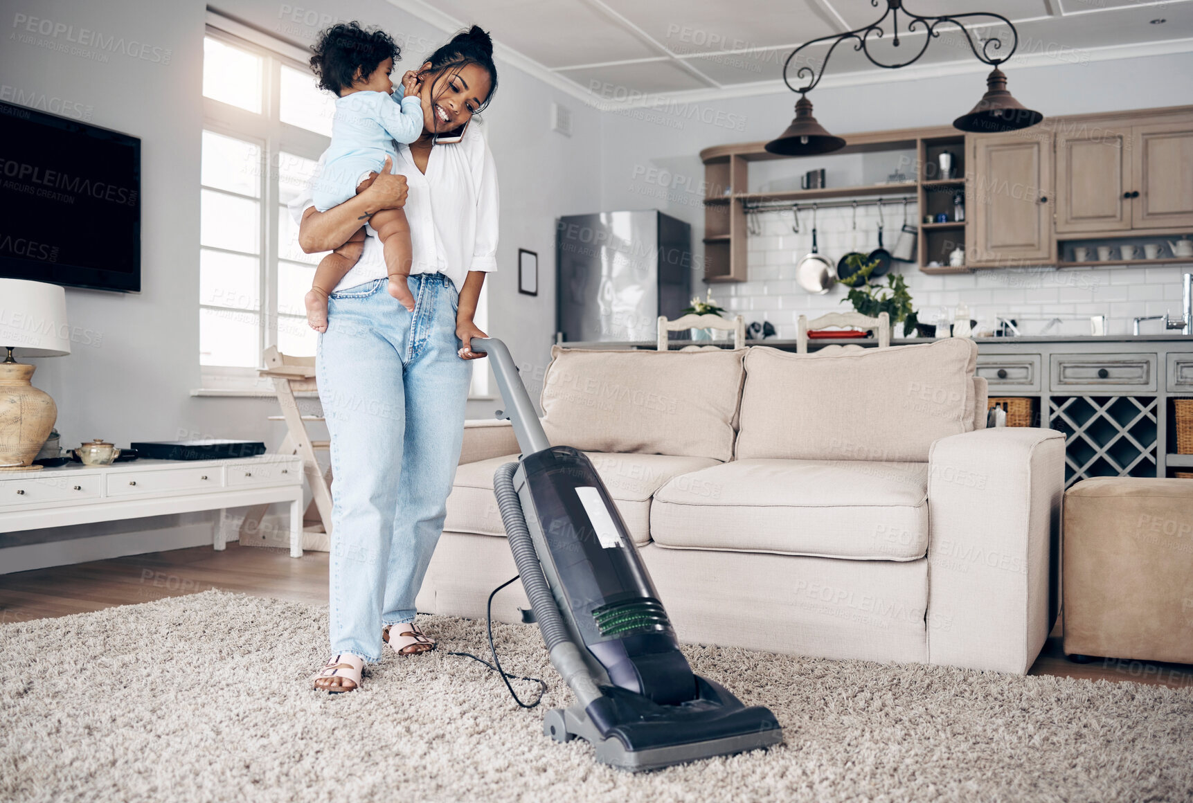 Buy stock photo Housekeeping, child and mother with phone call in home for communication, carpet cleaning household or chores. Woman, baby or talking to contact with vacuum for maintenance, hygiene or responsibility