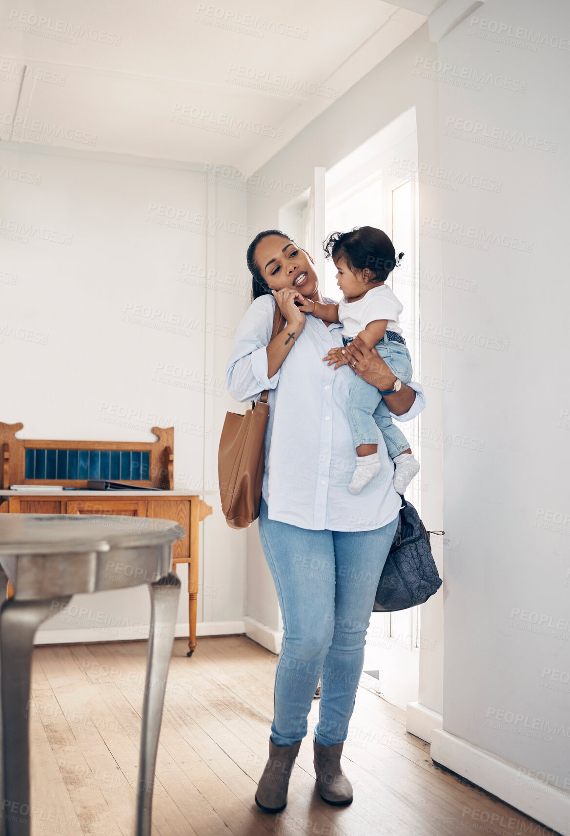 Buy stock photo Woman, phone call and bags with child in home, multitasking and busy with responsibility. Mother, holding infant and talking to freelance client for remote work, household errands and entrepreneur