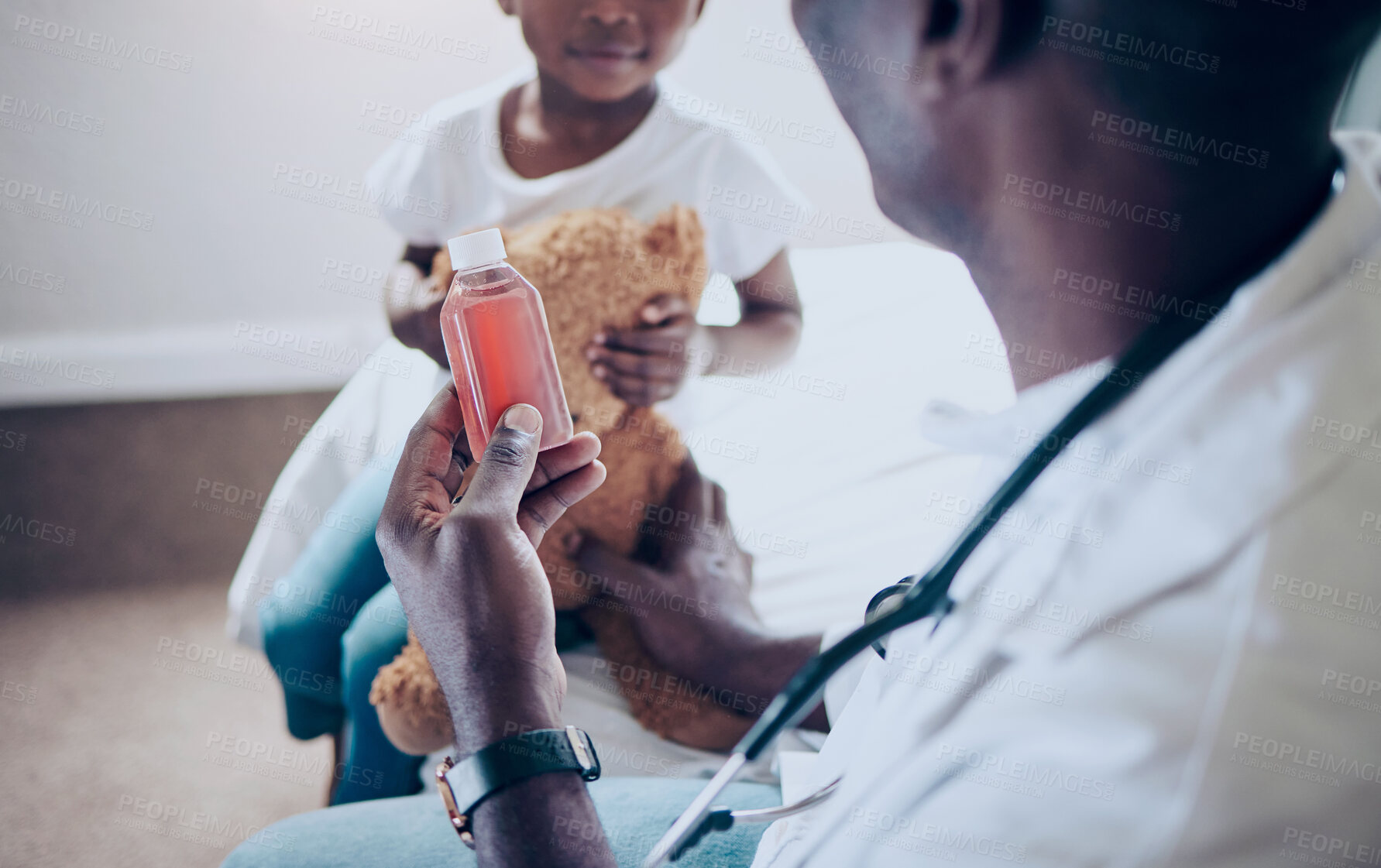 Buy stock photo Healthcare, medication and doctor with child for consulting, medical service and help in clinic. Pediatrician, health worker and girl with teddy bear for wellness, flu treatment and assessment