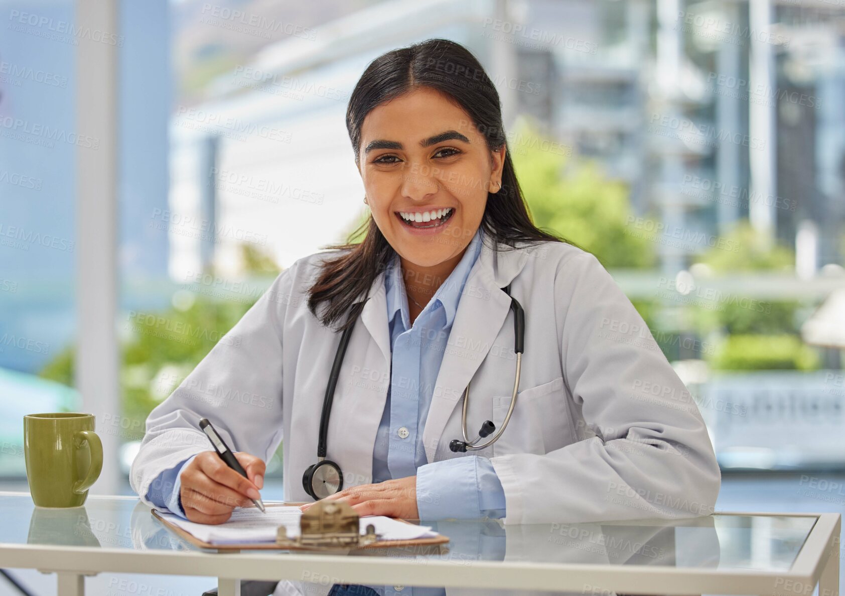 Buy stock photo Medical, happy and portrait of doctor in office for consulting, report and paperwork. Medicine, healthcare and checklist with woman writing in hospital for prescription, wellness exam and results