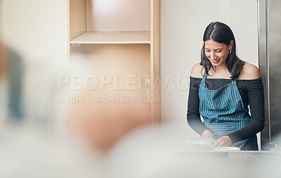 Buy stock photo Woman, waitress and coffee shop with order for customer service, counter and small business in bistro. Female person, hospitality and industry as barista, entrepreneur or employee as restaurant staff