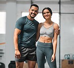 Happy, active and fit couple training, doing exercise and workout for fitness together at the gym. Portrait of a cheerful, joyful and content boyfriend and girlfriend at a sports center for cardio