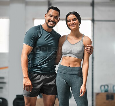 Buy stock photo Happy, active and fit couple training, doing exercise and workout for fitness together at the gym. Portrait of a cheerful, joyful and content boyfriend and girlfriend at a sports center for cardio