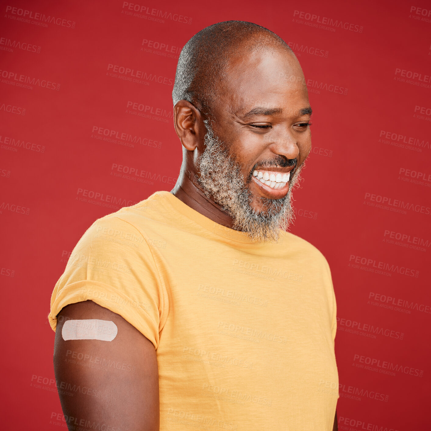 Buy stock photo Black man, plaster and vaccination for infection on studio background, injection and treatment. Mature person, disease prevention and proud patient with bandage, immunity and to protect