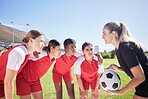 Sports, soccer players and football coach giving women motivation to score goals in the stadium. Collaboration, fitness and healthy girls in a huddle ready to use teamwork on a grass field in summer