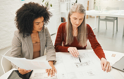 Buy stock photo Business women, blueprint and home design with floor plan and teamwork for construction meeting. Management, collaboration and paperwork for house layout and renovation drawing in creative office