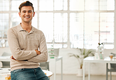 Buy stock photo Portrait, architecture and businessman in office, creative and smile for design agency and professional. Confident, entrepreneur and person on desk, ambitious and arms crossed for project and happy