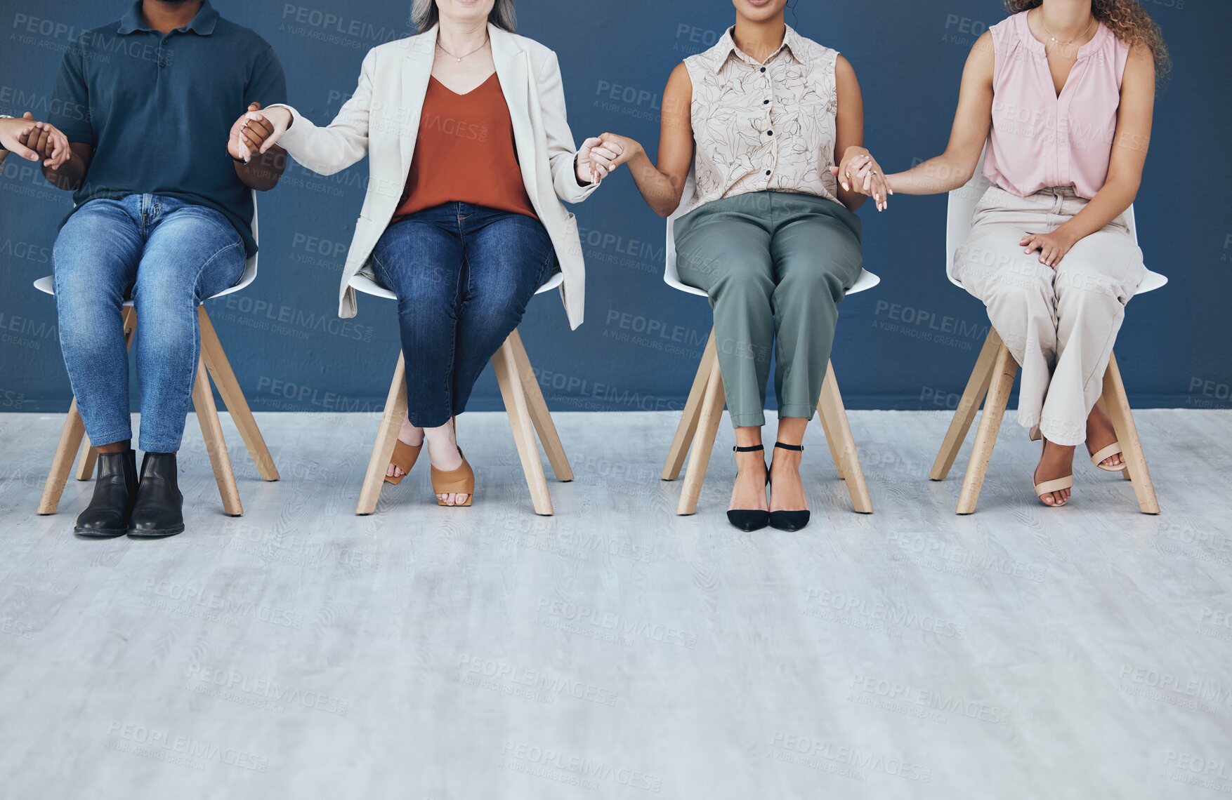 Buy stock photo Prayer, support and trust with people holding hands in a counseling session for mental health and wellness. Hope, worship and community in a group in therapy for help, solidarity and spiritual faith