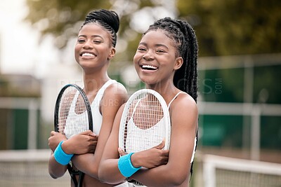 Buy stock photo Portrait, racket or happy women in tennis court for doubles, sports or fitness training in exercise, game or practice. Black people, proud or players ready for routine, turf workout or match together