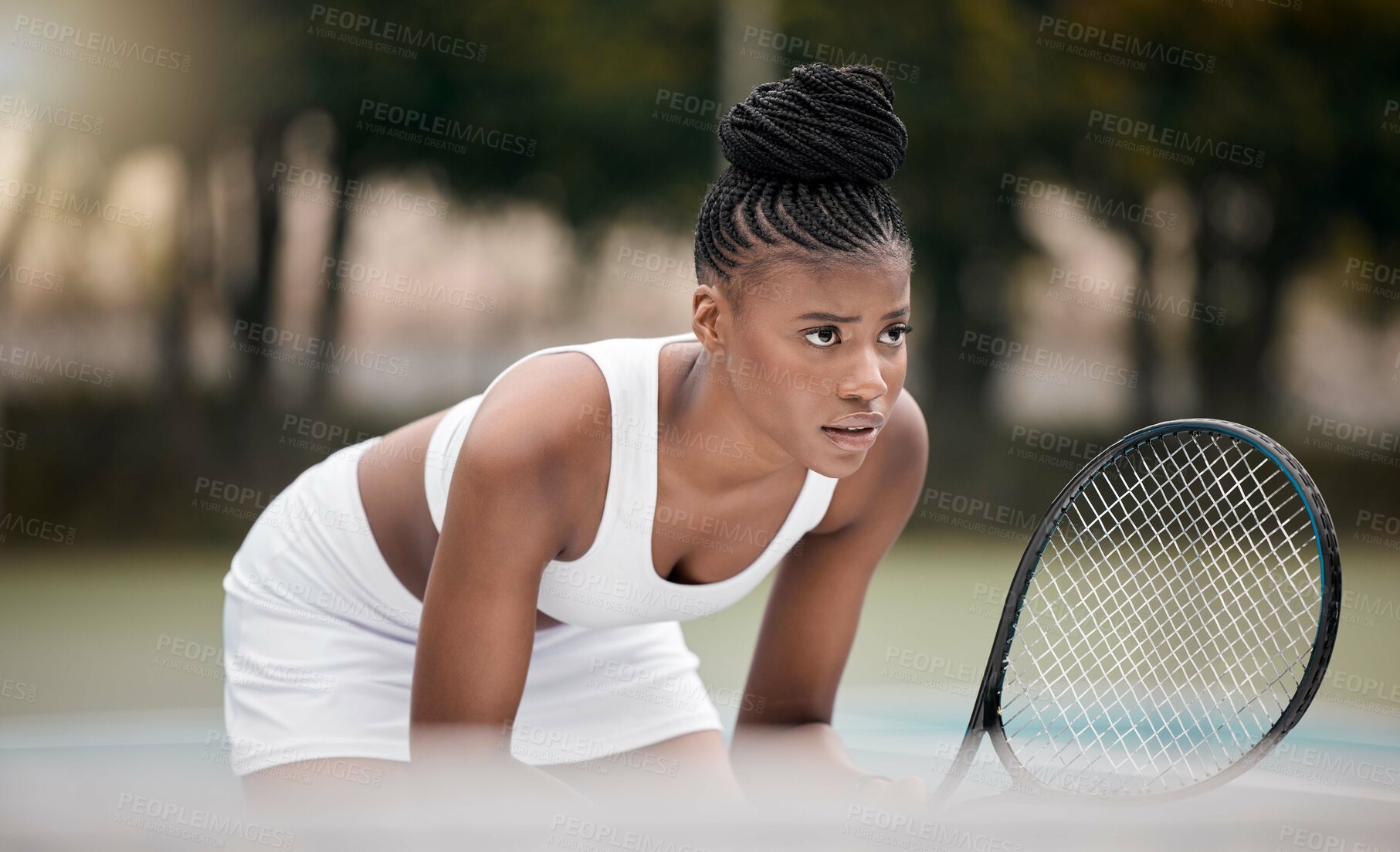 Buy stock photo Black woman, tennis and workout ready for game with competition, serve and fitness on court. Outdoor, start and health club with sport, match and net with African player, athlete and volley training