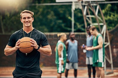 Buy stock photo Outdoor basketball court, coach and happy man portrait training, collaboration and sports for college athlete team, professional player and fitness group. Proud, smile and teaching expert game skills