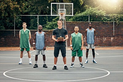 Buy stock photo Basketball, sport and team with a coach training his players on a court outdoor during summer. Teamwork, fitness and exercise with a sports group of male athletes ready for a workout or game