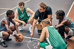 Basketball, team and sport teamwork coach match planning  of a fitness exercise and game. Motivation, athlete training and sports workout of people ready to start cardio together on a outdoor court