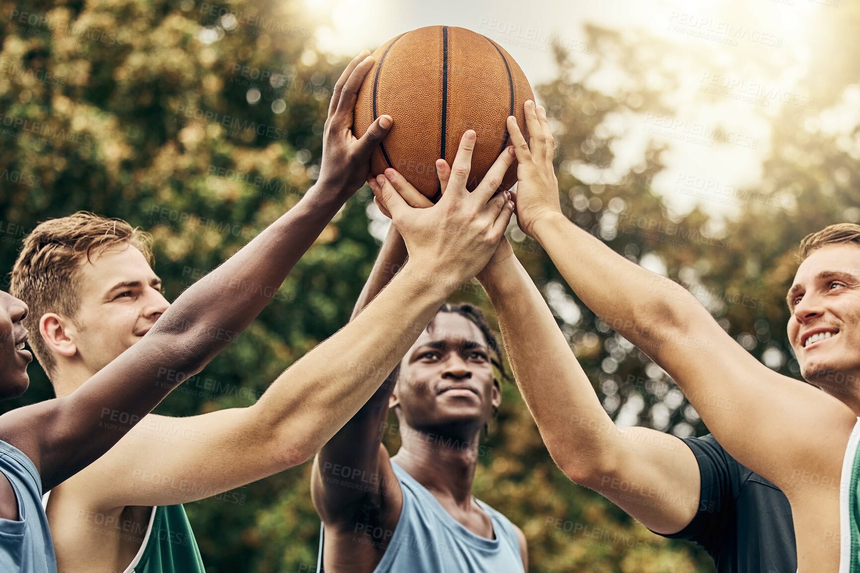 Buy stock photo Training, friends and community support by basketball players hand connected in support of sports goal and vision. Fitness, trust and motivation on basketball court by happy, united professional men