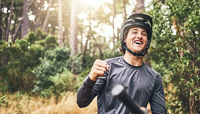 Buy stock photo Mountain biking, achievement and celebrate success, win or freedom on bike in forest woods on a cycling adventure in nature. Fitness man on bicycle looking happy on cycling trip with helmet in Norway