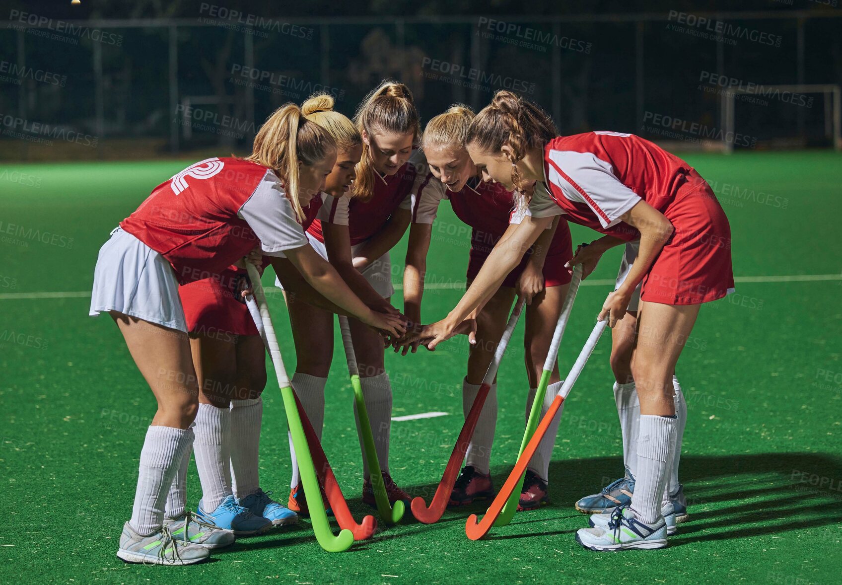 Buy stock photo Hockey, together hands and women teamwork, support or  motivation for game, competition or training strategy communication. Leadership, sports and group hand stack circle in target goal collaboration