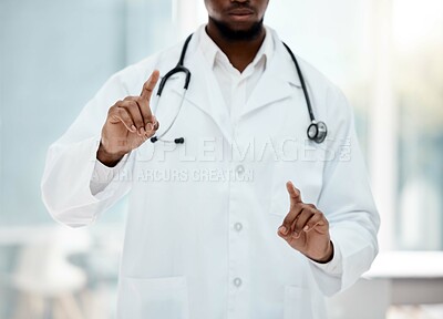 Buy stock photo Doctor hands, invisible screen and digital innovation mockup for healthcare, hospital and wellness software design in information technology. Ai, futuristic app and medical expert hand gesture sign