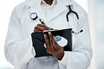 Closeup, covid and doctor with clipboard, writing and notes to check results, healthcare and wellness. Black medical professional, corona and analyzing diagnosis, treatment and confirm schedule. 