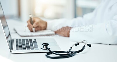 Buy stock photo Laptop, stethoscope and doctor writing in notebook for research planning or medical tech innovation in hospital office. Healthcare medic worker, research strategy book notes and online communication 