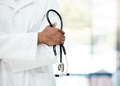Buy stock photo Doctor hands, healthcare and medical with stethoscope in hand of expert for research, heartbeat or breathe in hospital office. Therapist, arms crossed or consulting with health professional in clinic