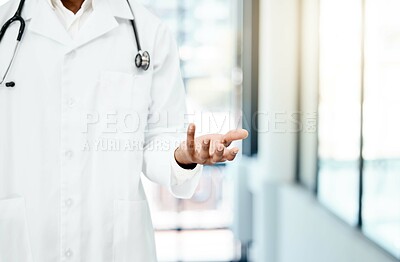 Buy stock photo Product placement, confused and hand of a doctor marketing insurance, healthcare and medicine. Advertising, medical and hospital worker with mockup space for branding, logo and expert information