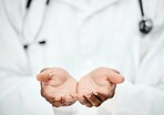 Product placement, healthcare and doctor with hands for help, support and marketing of hospital logo. Branding, medical and surgeon with palm for hope, medicine and advertising space at a clinic