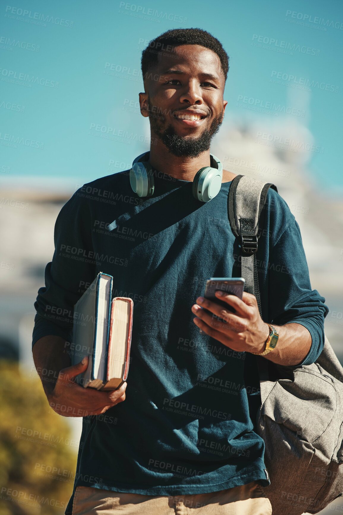 Buy stock photo Student, man and phone in the city for studying, education and knowlegde break. African american man, university or college student and online social media browsing or texting before class