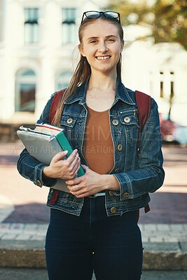 Buy stock photo Portrait, woman student or holding books with smile, ready for class or confident for studies. Course, young female or girl stand with novels, journals or happy for lesson, casual or outdoor to relax