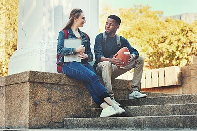 Buy stock photo University, students and friends in conversation for education, social interaction or talking at the campus. Man and woman in communication, socializing or discussion for learning scholarship outside