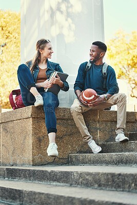 Buy stock photo Friends, students and bonding on university campus for studying, education and knowledge. Summer, friendship and man and woman higher education people talking about school work and studies or sports
