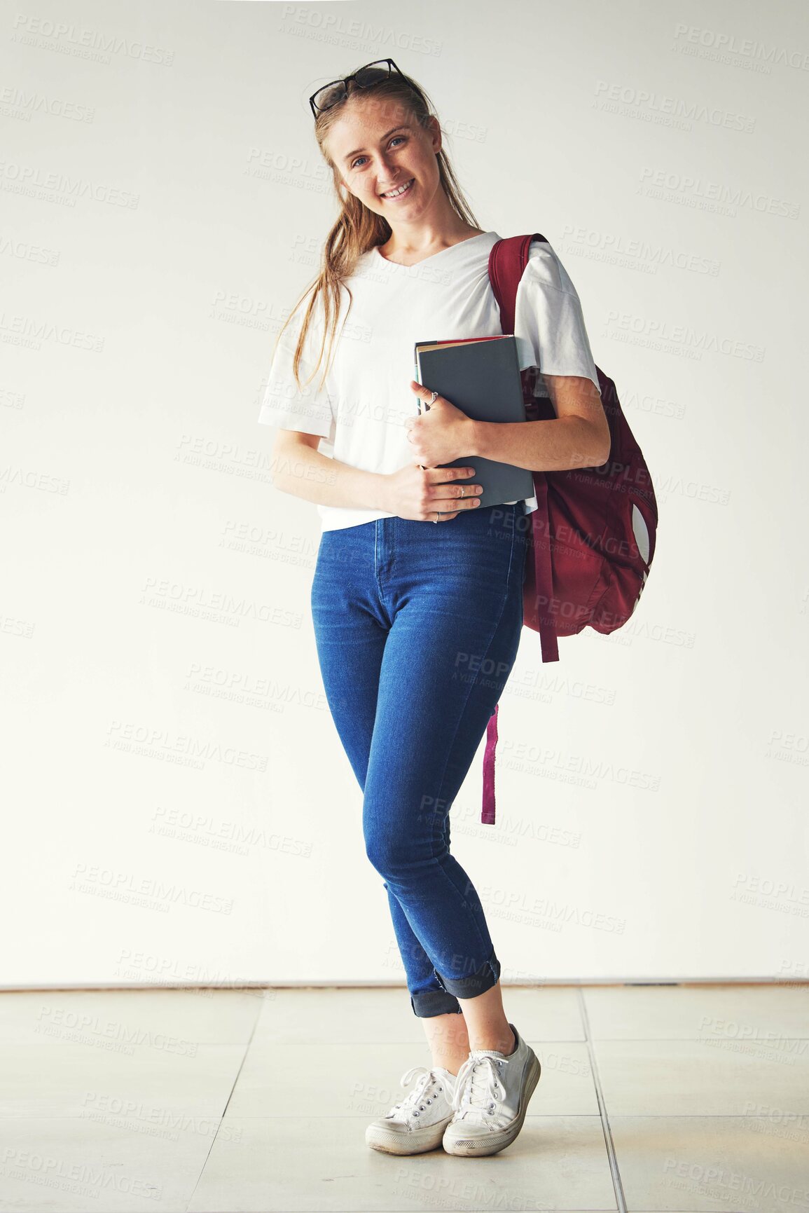 Buy stock photo Portrait, education and happy student, textbook and bag ready for college, school or university on campus. Young woman, scholarship and smile for study learning and books with vision, goals or target