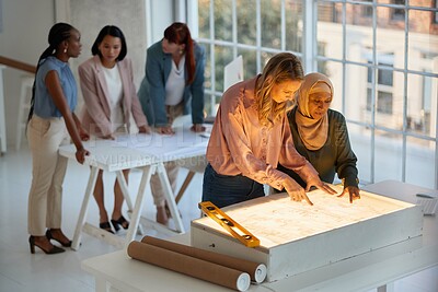 Buy stock photo Interior design, architecture teamwork and business women meeting, floor plan and creative ideas, engineering or strategy. Female designer collaboration, blueprint and project management at light box