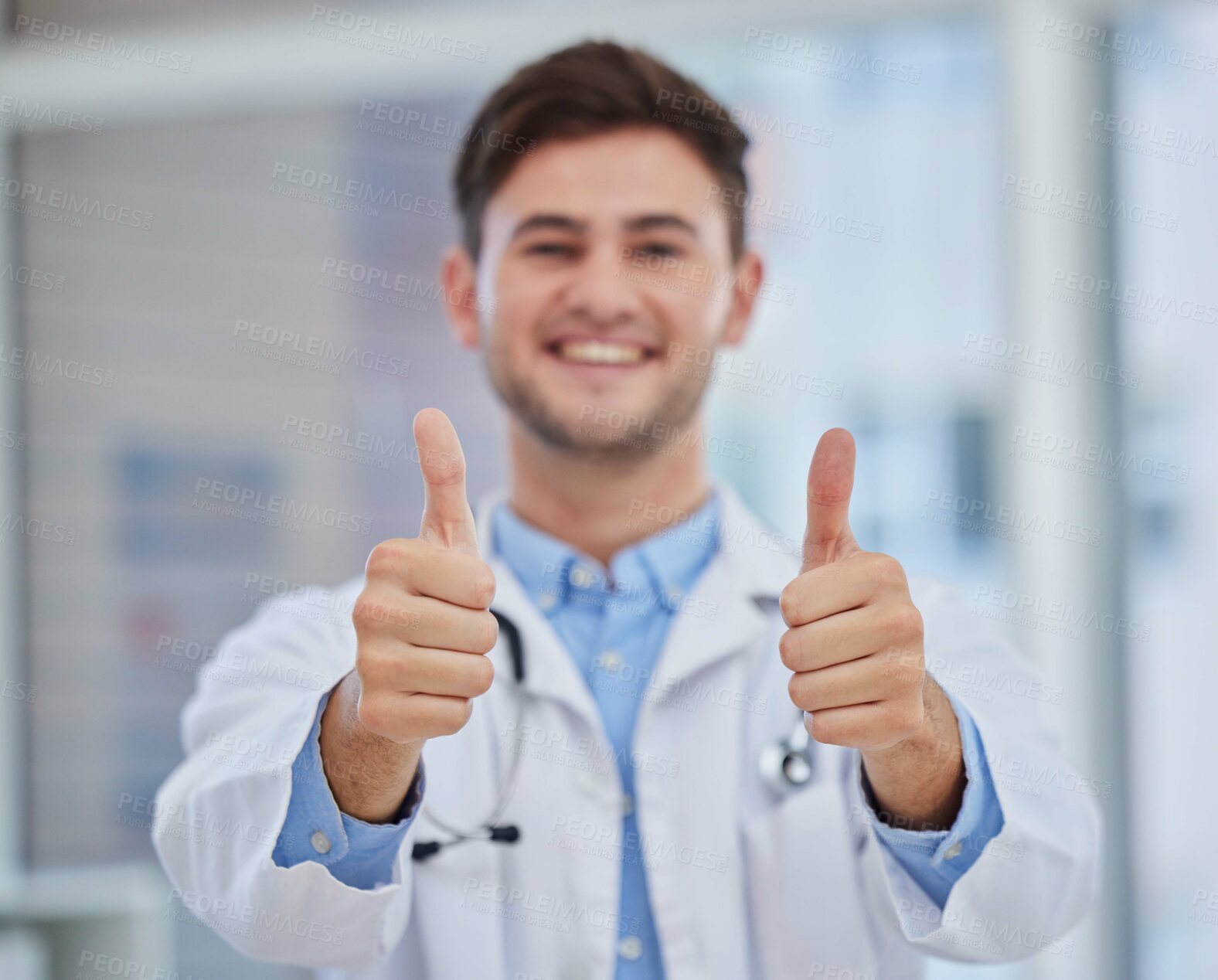 Buy stock photo Healthcare, thumbs up and portrait of doctor in hospital with hand sign for good news, agreement and success. Medical care, thank you and health worker standing in clinic for trust, support and care