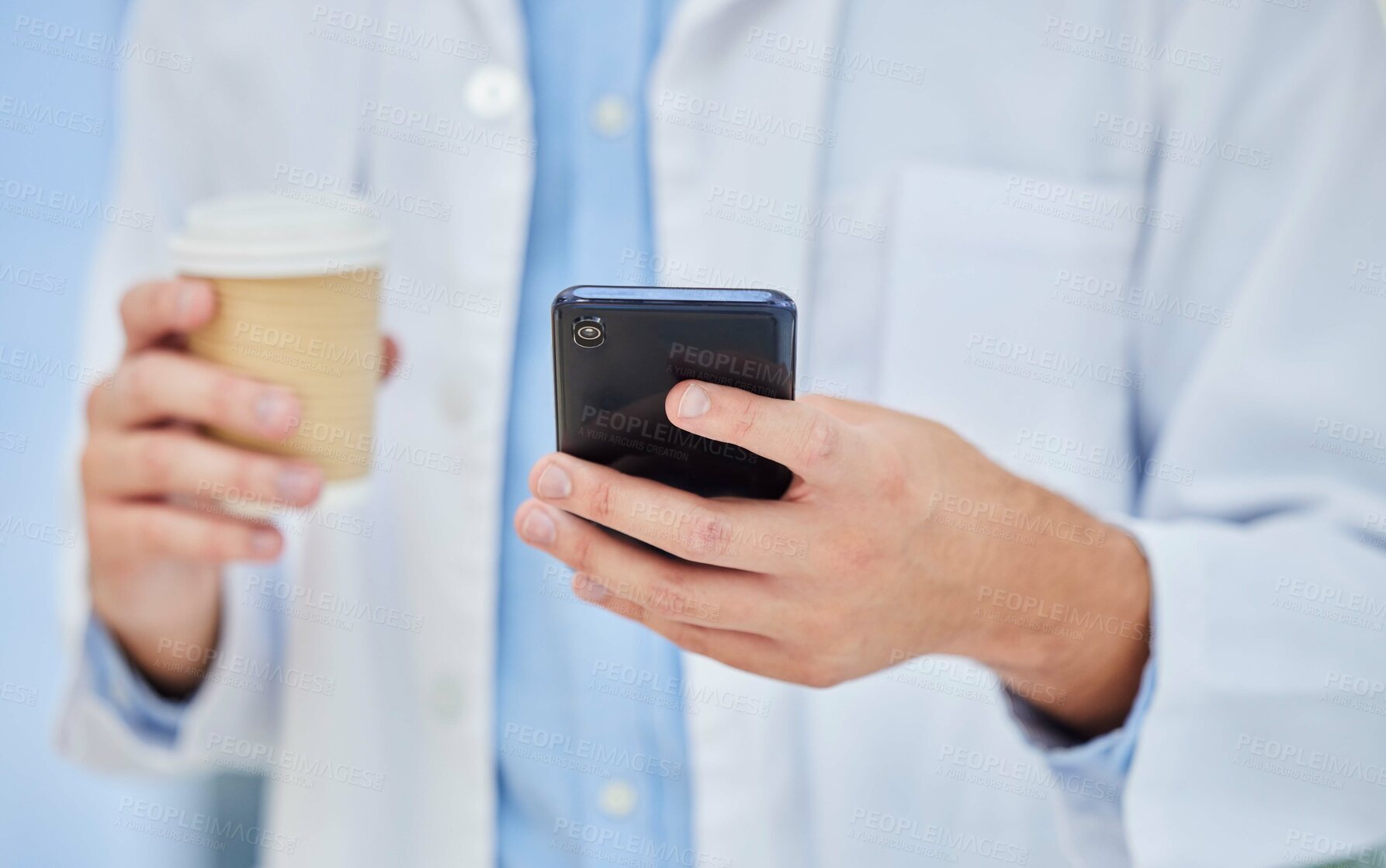 Buy stock photo Doctor, coffee break and cup, smartphone technology and mobile app, reading notification and connection in hospital. Healthcare worker hands, drinking coffee and using phone, telehealth and contact 