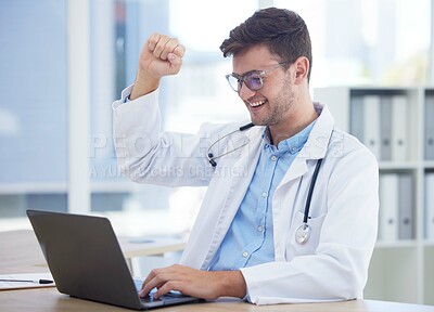 Buy stock photo Health, doctor and yes with success and winner, medical achievement and man celebrate good test results on laptop. Health care professional, happy and winning with victory for medicine and technology