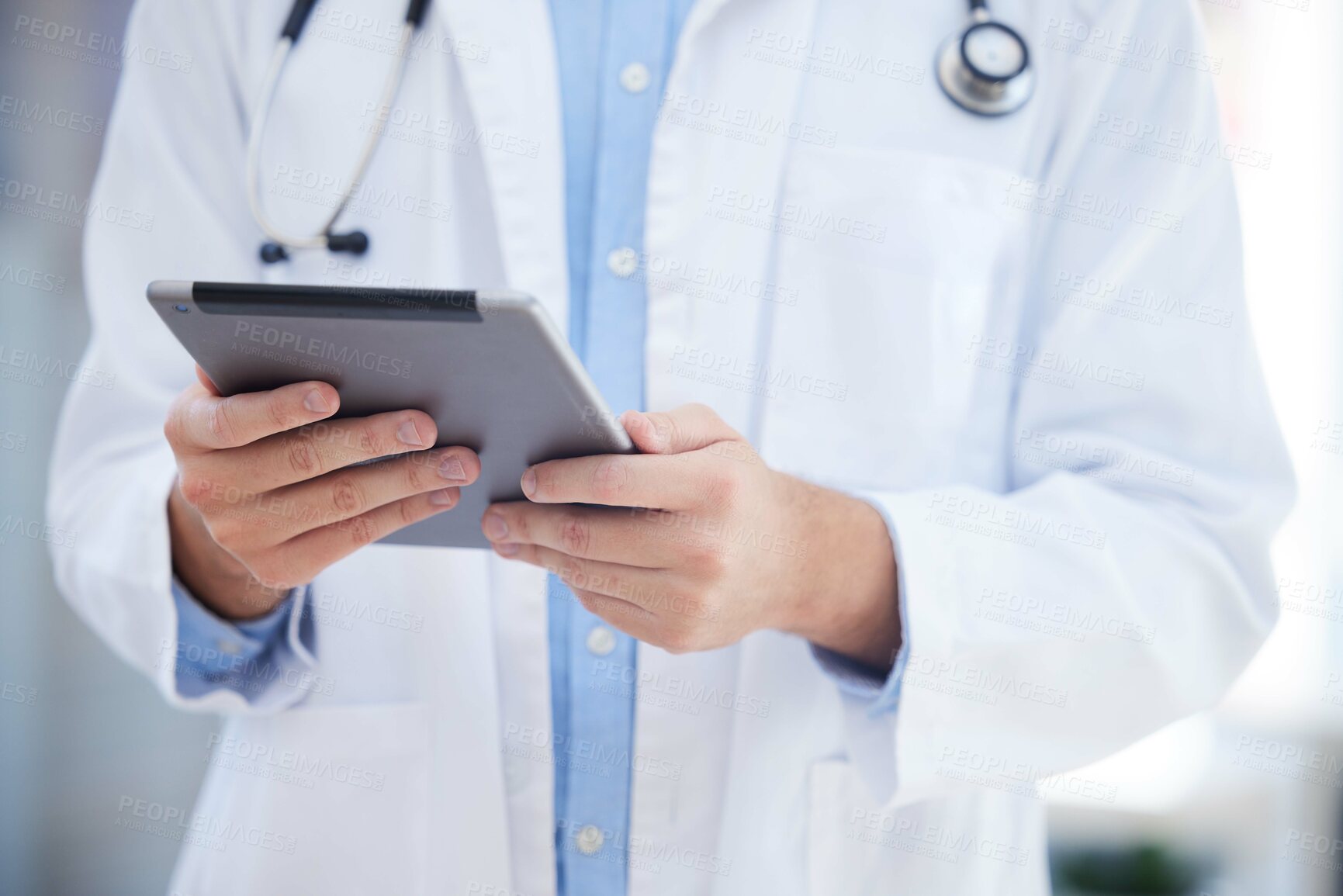 Buy stock photo Healthcare, technology and hands of doctor with tablet online to review patient report, results and diagnosis. Medical worker with digital tech for insurance in hospital, clinic or health facility