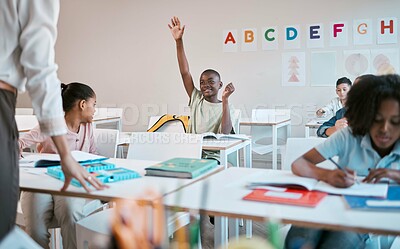 Buy stock photo Question, school and education with a black boy student hand raised in a classroom to ask or answer his teacher. Kids, asking and learning with a young male child in class to study for growth