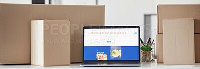 Buy stock photo Online shopping menu, laptop screen or delivery boxes of food order, restaurant webdesign or ecommerce service. About us, organic market homepage or nutrition choice, package or supply chain shipping