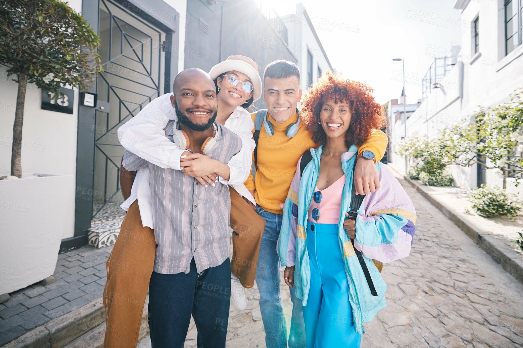 Buy stock photo Friends, city and portrait of people outdoor for travel, fashion and fun with piggyback and smile. Diversity, happiness and group of men and woman on date, adventure and freedom on urban street