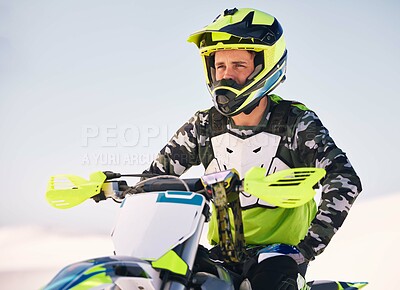 Buy stock photo Sports, desert and man on motorbike thinking about race training, workout and challenge on sand. Extreme transport, travel and cyclist with helmet on motorcycle for adventure, freedom and adrenaline