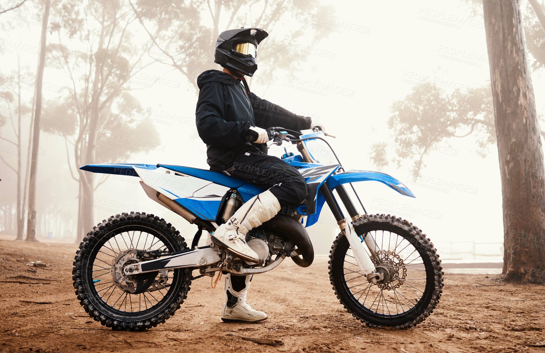 Buy stock photo Motorcycle, person and sports in woods with training for competition, ride in nature with action and helmet. Extreme, adrenaline and exercise, athlete and transport with dirt bike, freedom and travel