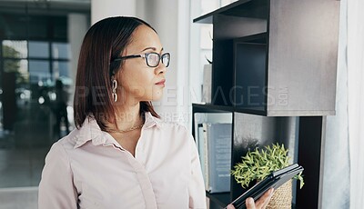 Buy stock photo Woman in office with glasses, tablet and thinking of email, HR schedule and online report feedback. Internet, networking and communication on digital app, businesswoman at human resources agency