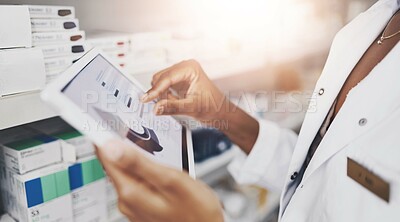 Buy stock photo Person, hands or tablet with screen in pharmacy for stock inspection, report for medicine inventory. Female pharmacist, drug store or mockup for digital record of health information or pills research