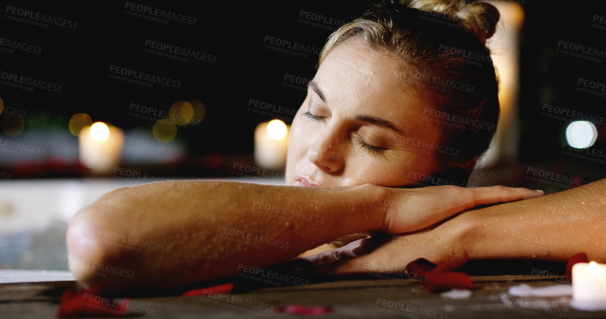 Buy stock photo Woman, relax or sleeping with pool at night for vacation, holiday or getaway at luxury resort. Female person, romance or asleep with relaxation in hot tub for stress relief or beauty spa treatment