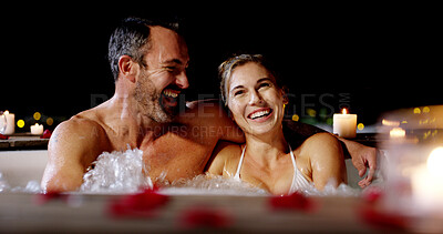 Buy stock photo Happy couple, night and relax with pool for honeymoon vacation, holiday or date together at luxury resort. Man, woman or lovers enjoying water with hot tub in late evening for romance or getaway