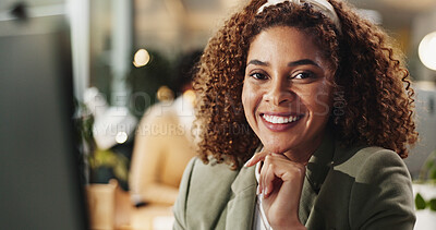 Buy stock photo Smile, portrait and night with business woman in office for online, planning and global market advisor. Corporate, proposal deadline and research with female employee in finance agency for overtime