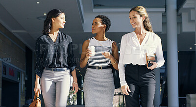 Buy stock photo Business women, lawyer and walking in office building with taking, conversation and discussion. Female people, colleagues and diversity as attorney for law firm, together or collaboration in teamwork