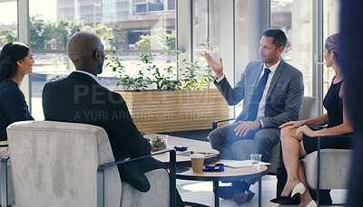 Buy stock photo Meeting, talking or business people with investor in lobby for planning stakeholders capital growth. Manager, contract negotiation or financial advisors with executive directors in office workplace