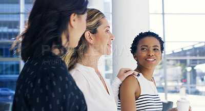 Buy stock photo Business women, attorney and walking in office building with taking, conversation and discussion. Female people, colleagues and diversity as lawyers in law firm, together or collaboration as teamwork