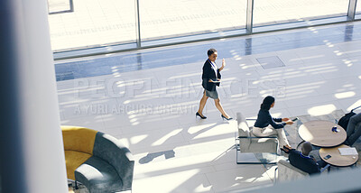 Buy stock photo Above, people and walking in office for business, greeting and morning in company for new day with tech. Woman wave, colleagues or welcome in lobby for corporate job, employee engagement or workplace